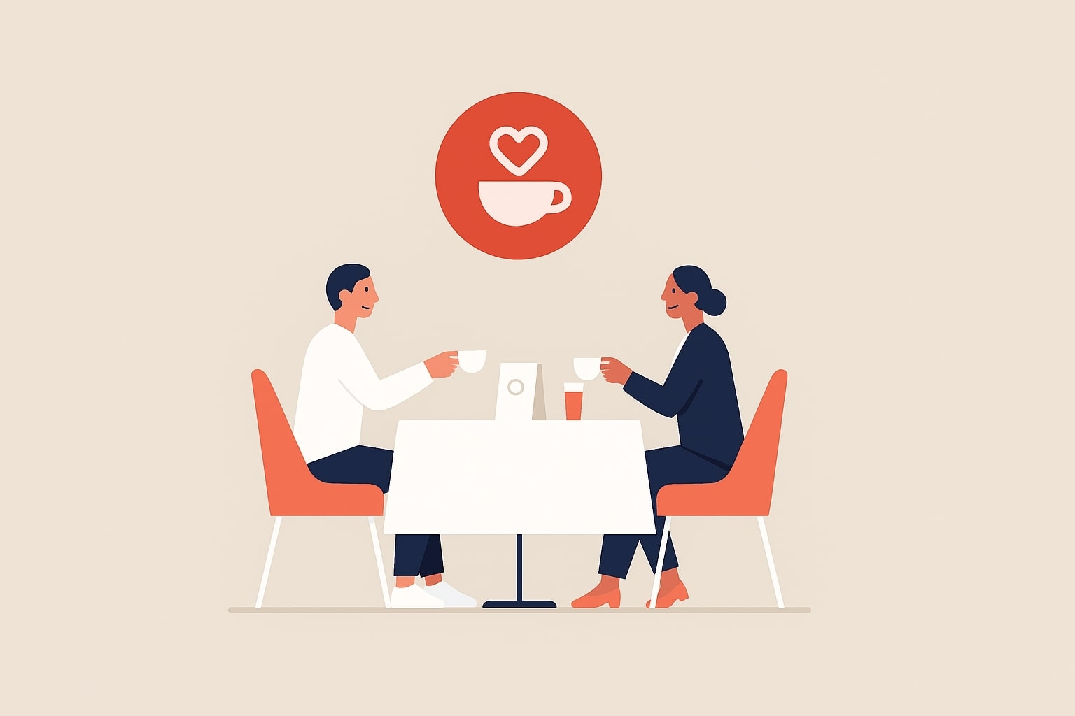 Illustration minimaliste de deux clients dans un café, représentant des stratégies de fidélisation pour restaurants et cafés