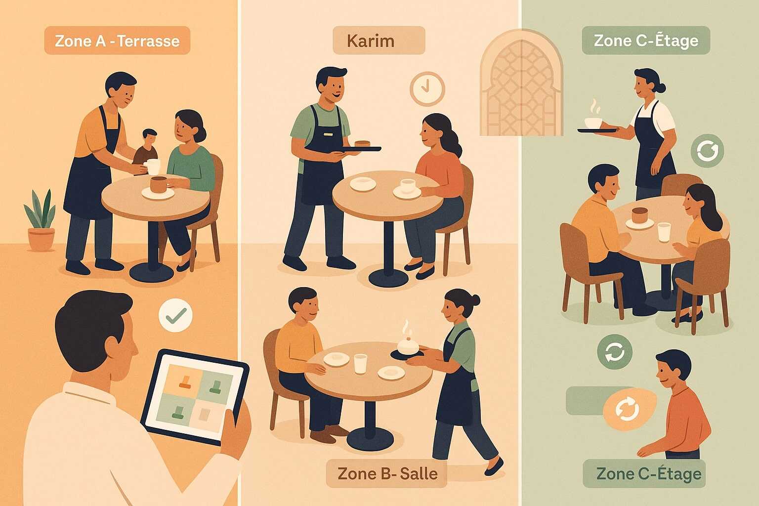 Gestion des serveurs par zone dans un café-restaurant marocain.
