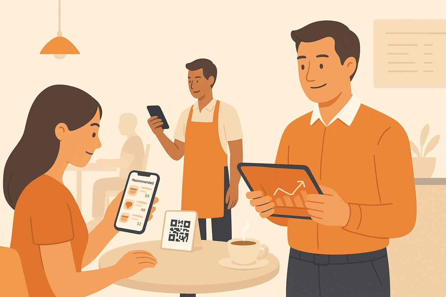 Illustration minimaliste d’un gérant, d’un serveur et d’une cliente dans un café digitalisé