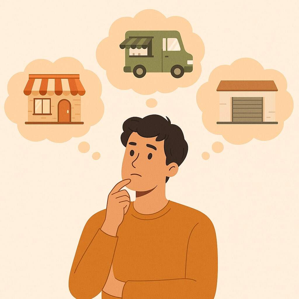 Illustration minimaliste comparant restaurant traditionnel, food truck et dark kitchen – type de restaurant le plus rentable pour une gestion restaurant efficace
